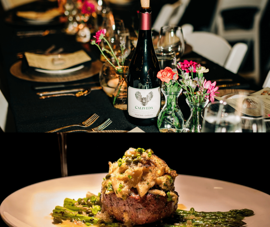 Elegant dinner table with wine and plated meal