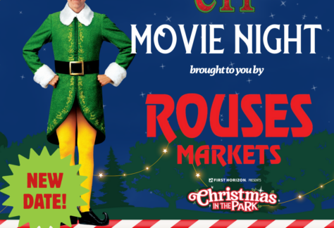 Promotional graphic for Elf Movie Night at Moncus Park featuring Buddy the Elf, presented by Rouses Markets. Text reads Sunday December 21 from 5 to 8 PM at Moncus Park, with the movie starting at 6 PM. Part of Christmas in the Park presented by First Horizon Bank.